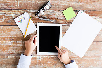 Image showing close up of female hands with tablet pc and coffee