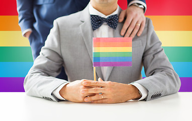 Image showing close up of male gay couple holding rainbow flag