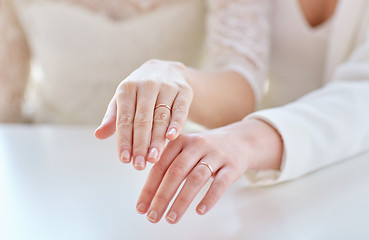 Image showing close up of lesbian couple hands and wedding rings