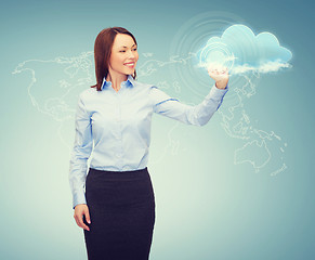 Image showing smiling businesswoman working with virtual screen