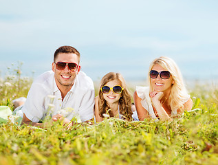 Image showing happy family with blue sky and green grass