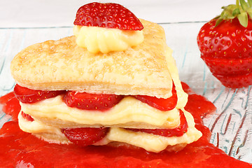 Image showing Heart shaped strawberry and custard millefeuille