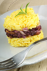 Image showing Heart shaped saffron rice with trevisano chicory