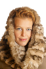 Image showing Blond caucasian woman with ecologic fur hood