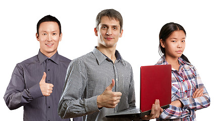 Image showing Asian team and man with laptop in his hands and woman
