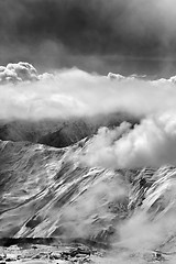 Image showing Black and white view on ski resort in mist