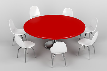 Image showing Red round table and white chairs