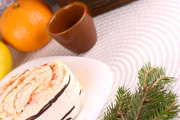 Image showing sweet cake on white plate and fruits