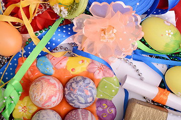 Image showing Easter setting with gift box and spring decoration