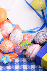 Image showing Easter setting with gift box and spring decoration