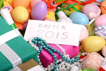 Image showing Easter setting with gift box and spring decoration