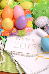 Image showing Easter setting with gift box and spring decoration