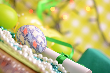 Image showing Easter setting with gift box and spring decoration