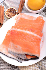 Image showing Slice of red fish salmon with fruits