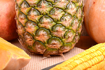 Image showing fresh pineapple with corn and orange