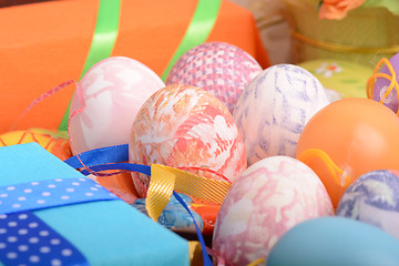 Image showing Easter setting with gift box and spring decoration