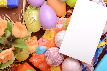 Image showing Easter setting with gift box and spring decoration