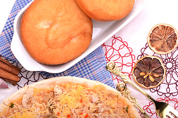 Image showing Beef pizza with bread, cinnamon and lemon