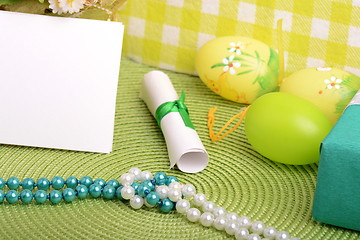 Image showing Easter setting with gift box and spring decoration