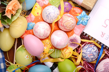 Image showing Easter setting with gift box and spring decoration