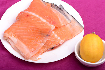 Image showing Slice of red fish salmon with fruits