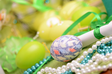 Image showing Easter setting with gift box and spring decoration