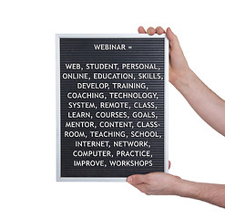 Image showing Webinar concept in plastic letters on very old menu board