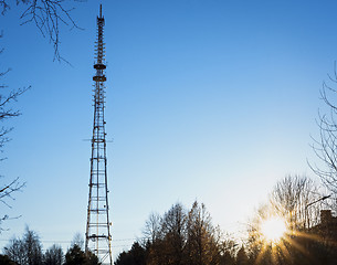 Image showing TV tower in blue sky at sunset 