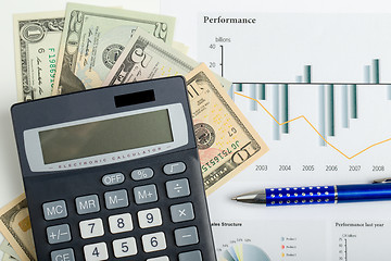 Image showing USA dollar money banknotes, pen and calculator