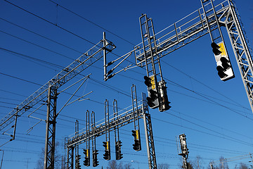 Image showing train station and lines with electricity pylon against sky