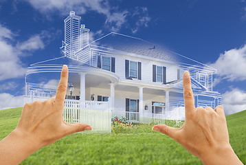 Image showing Female Hands Framing House Drawing and House Above Grass