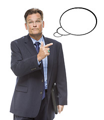 Image showing Businessman Pointing to the Blank Thought Bubble on White
