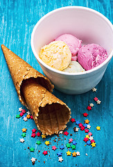 Image showing ice cream decorated with sweet powder in the wafer 