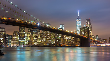 Image showing Brooklyn bridge at dusk, New York City.