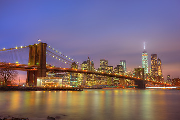 Image showing Brooklyn bridge at dusk, New York City.