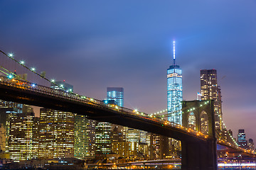 Image showing Brooklyn bridge at dusk, New York City.