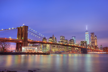 Image showing Brooklyn bridge at dusk, New York City.