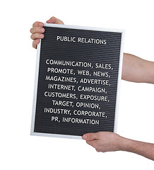 Image showing Public relations concept in plastic letters on very old menu boa