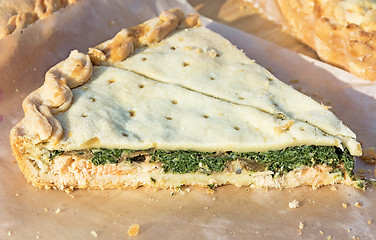 Image showing Pie with fish and spinach.