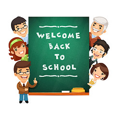 Image showing Teacher Points to the Blackboard with Welcome Back to School Phr