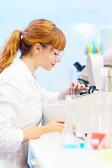 Image showing Attractive young scientist pipetting.