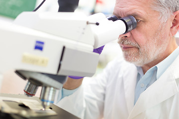 Image showing Senior scientist  microscoping in lab.