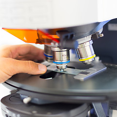 Image showing Scientist microscoping on fluorescent microscope. 