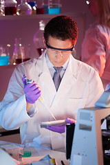 Image showing Researcher pipetting in laboratory.
