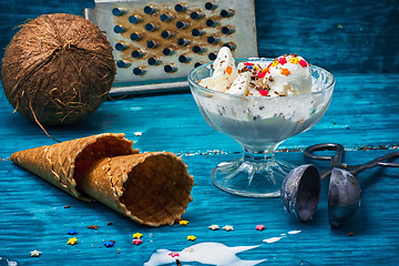 Image showing ice cream in  bowl and two waffle cup