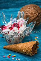 Image showing ice cream in  bowl and two waffle cup