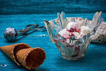 Image showing ice cream in  bowl and two waffle cup