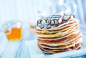 Image showing pancakes with banana and chocolate