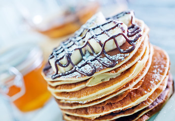 Image showing pancakes with banana and chocolate