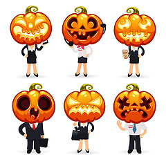 Image showing Businessmen With Pumpkins on a Heads